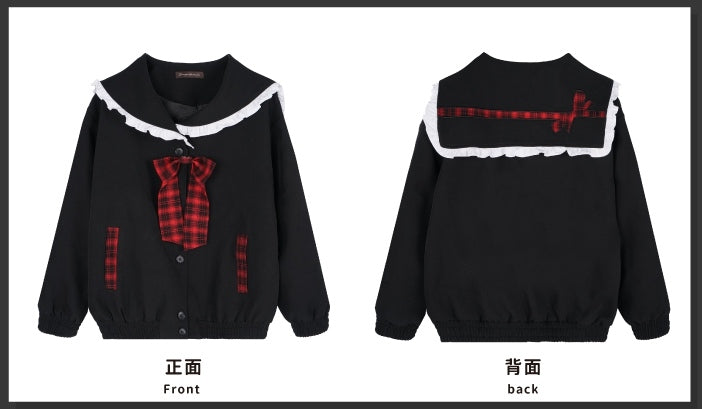 Black Sailor Collar Front Button Placket Top with Free Bowtie