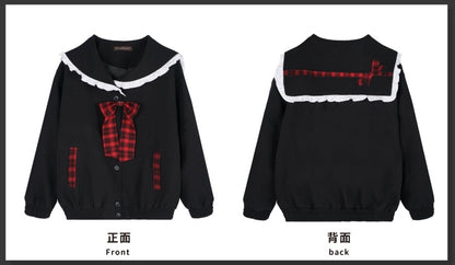 Black Sailor Collar Front Button Placket Top with Free Bowtie