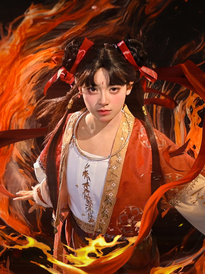 White Floral Embroidery Plush Cuff Cheongsam Style Top