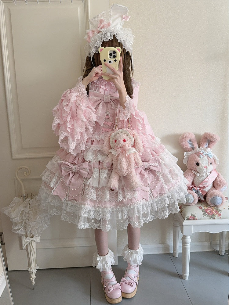 Decoration Tiered Lolita Chain Skirt Hanayome Bead Bows Big Pink Dress