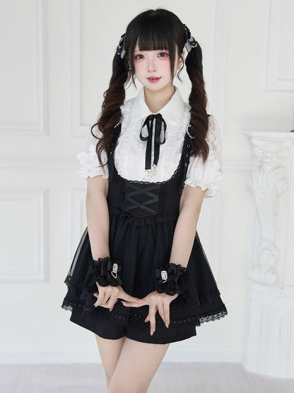 Schwarz-weiße Jirai Kei-Armmanschetten aus Spitze mit Schleife und Strass-Akzenten, Rosa/Weiß/