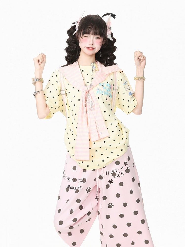 Yellow Star Print Tee with Stripe Shawl and Hairclip - Languid Park