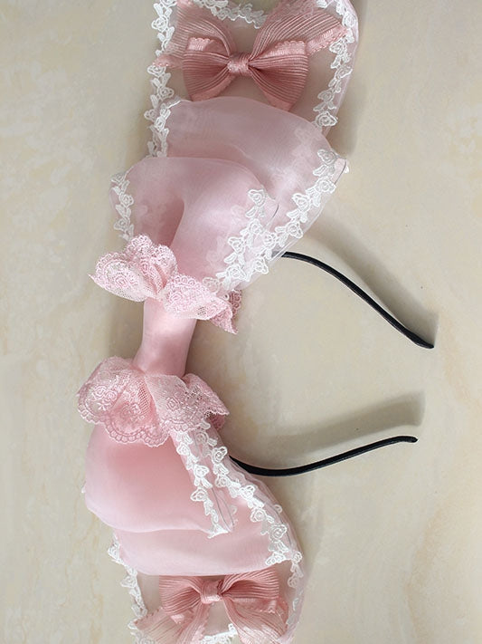ピンクの蝶結びディテール、レーストリム、ベール付きKC