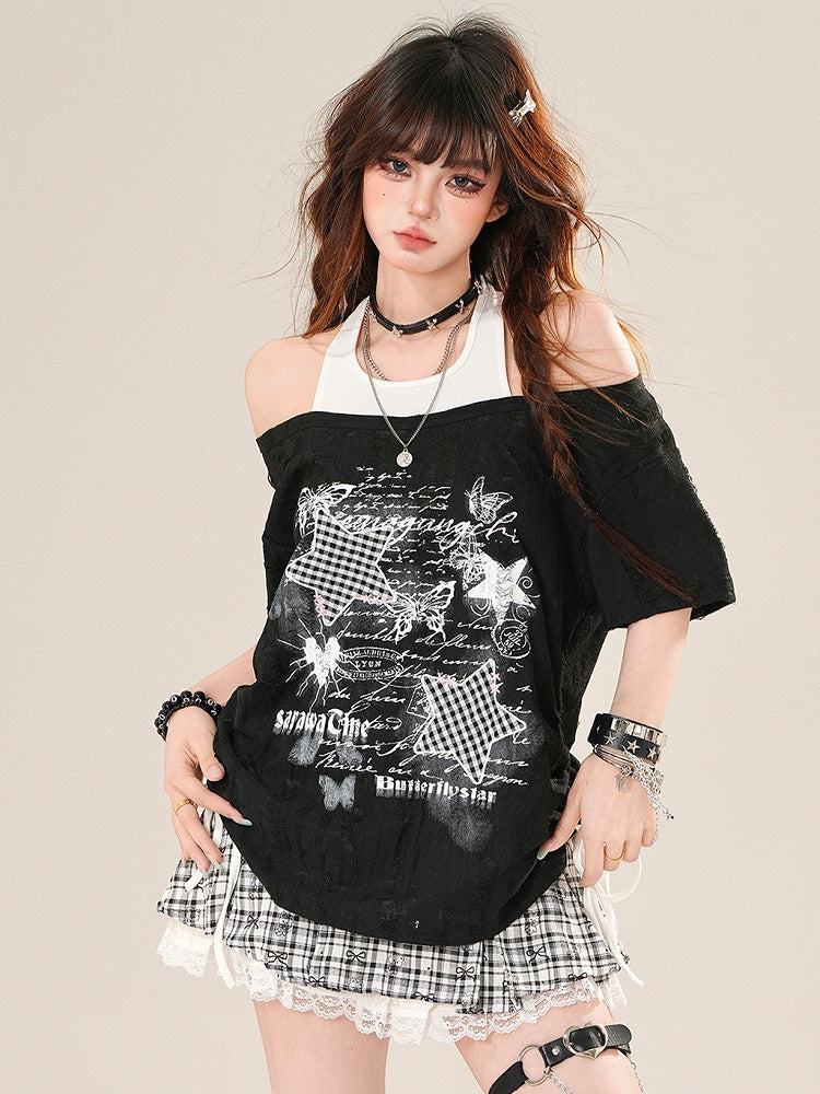 Star Pattern And Glamorous Black Letter Plaid Bittersweet