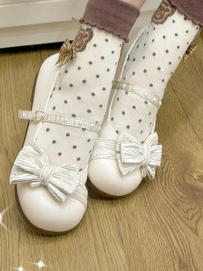 Top Buckle Toe Creamy Shoes Beaded Bow Decorated Lolita White Heart Round at