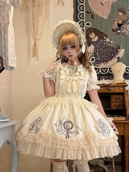 Apricot Lolita OP Full Set with Floral Embroidery, Bonnet, Sleeves, Hairband and Bow Clip - Double sweet Lolita
