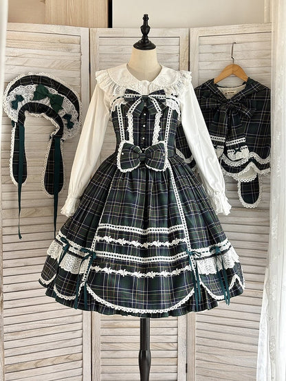 Accents Skirt Jumper Trim Plaid Bow Scalloped Sweet Edge Green with Lolita