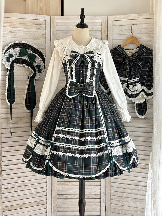 Accents Skirt Jumper Trim Plaid Bow Scalloped Sweet Edge Green with Lolita