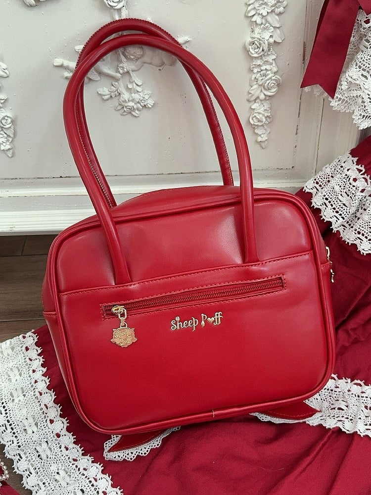 Schulter (3 Vordertaschen aus roter Spitze) kontrastierende Statement-Besätze in quadratischen und weißen Lolita-Stilen mit PU-Schleife
