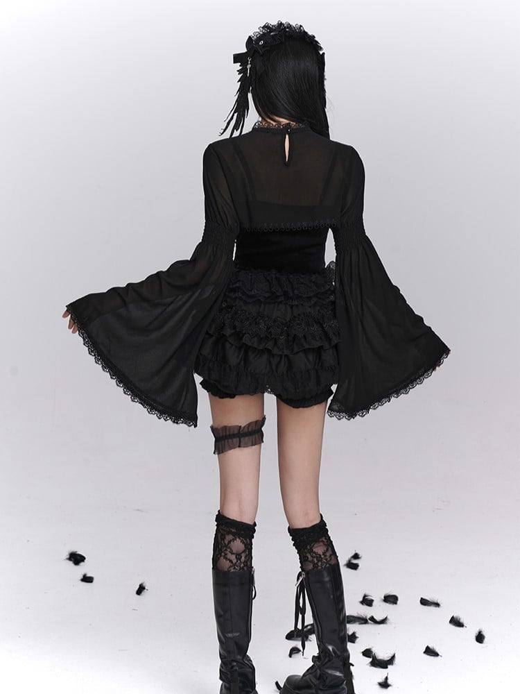 with Black Shrug Bell Sleeves Crop Lace-Trimmed Closure Gothic Cross-Tie