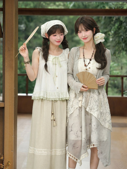 Kei Cheongsam Hem Asymmetrical Tassel Mori Slip Dress Jacquard Style Gray