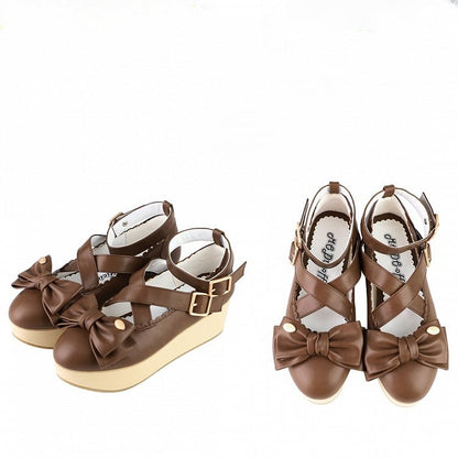 Wood Crossed Heel Platform with Brown Straps Grain - Sweet Lolita Janes Bow Mary Decor