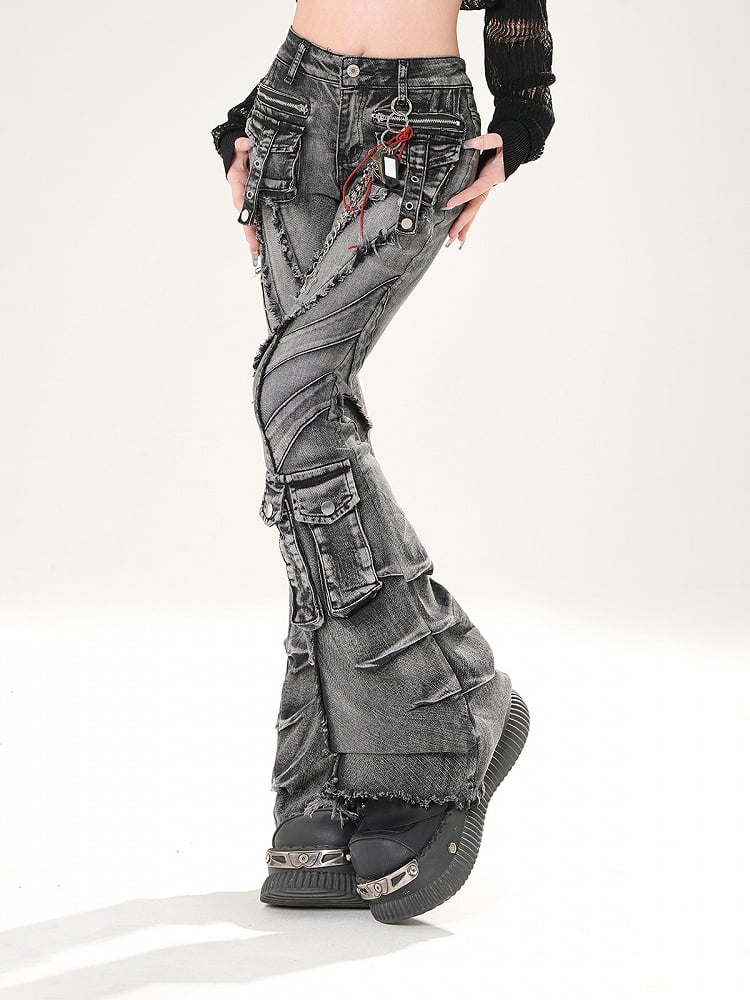Wash Flared Jeans Cargotaschen Roher Saum Distressed Faded Schwarz