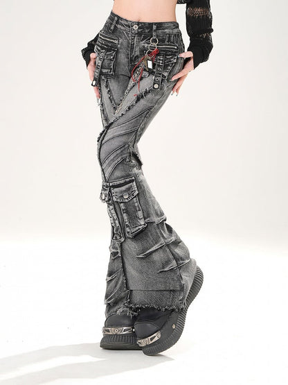 ウォッシュフレアジーンズ カーゴポケット 切りっぱなし裾 ダメージ加工 フェードブラック