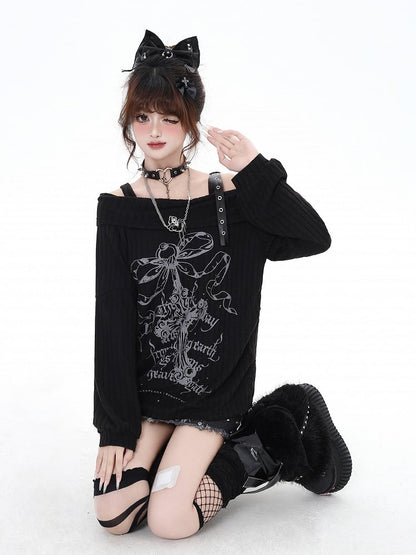 Edgy Bittersweet Black Print Waist Off-Shoulder Top: Drawstring Gray