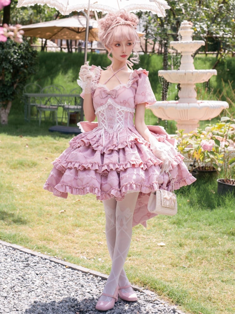 Princess Lolita Corset-Waist Dress with Ruffled Skirt in Pink