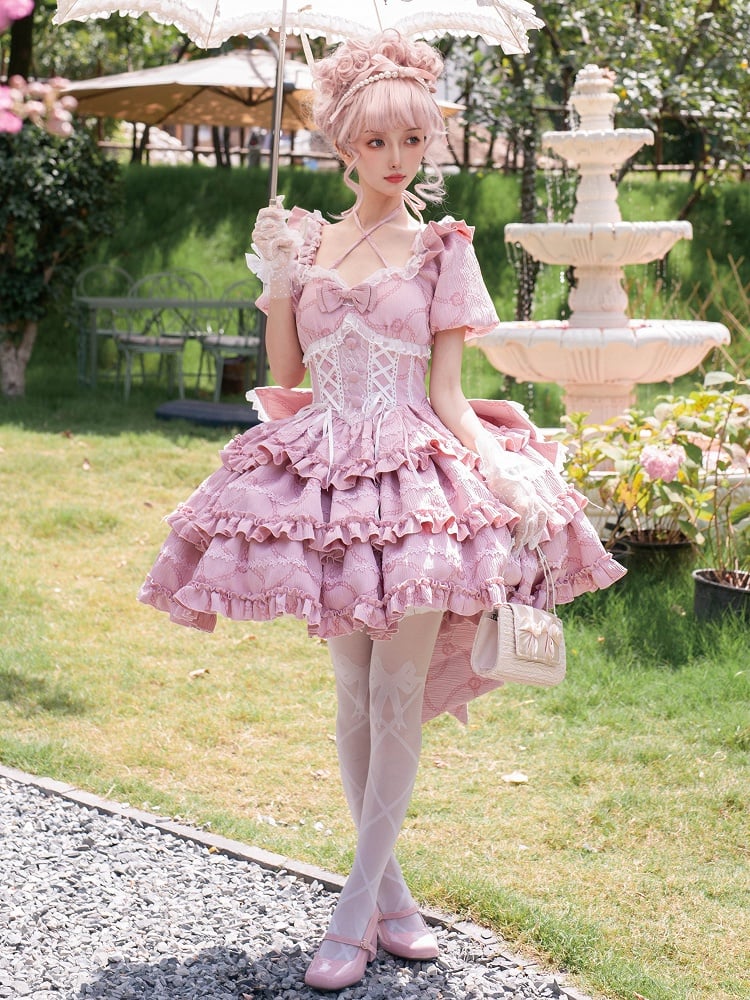Pink Back with Dress Waist Big Corset Princess Lolita Skirt at Ruffle OP Bow