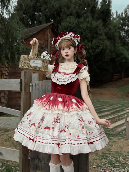 Red Velvet Mushroom JSK Dress with Heart Motif - Honey Machine