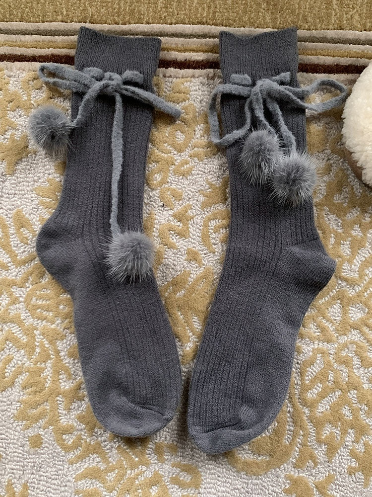 Khaki/Red/White/Grey/Green Cute Calf Socks With Pompons