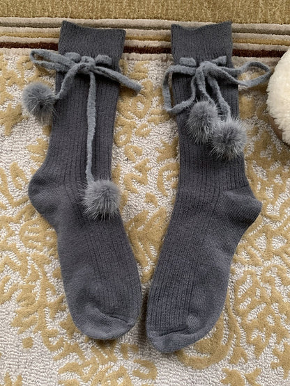 Khaki/Rot/Weiß/Grau/Grün Süße Wadensocken mit Pompons
