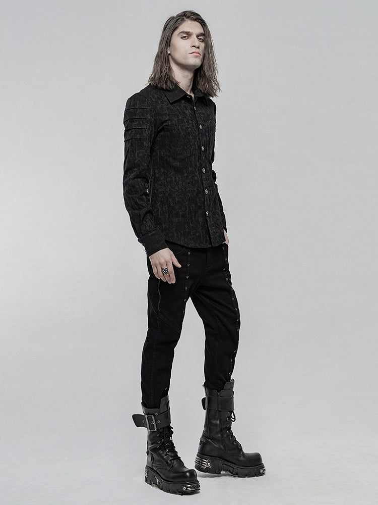 Chemise noire homme à manches longues élastique et jacquard style punk