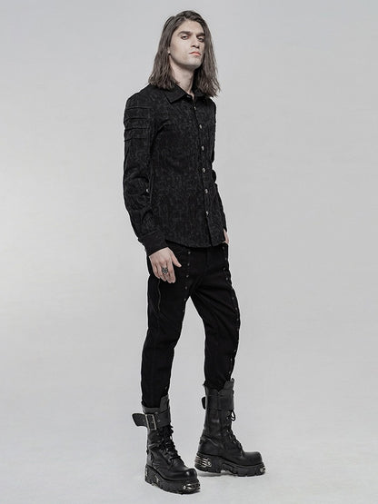 Chemise noire homme à manches longues élastique et jacquard style punk