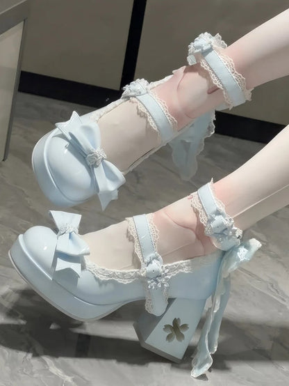 with Design Romantic Clasp in High Heels PU Openwork Lolita Sweet Floral Block Blue Heel