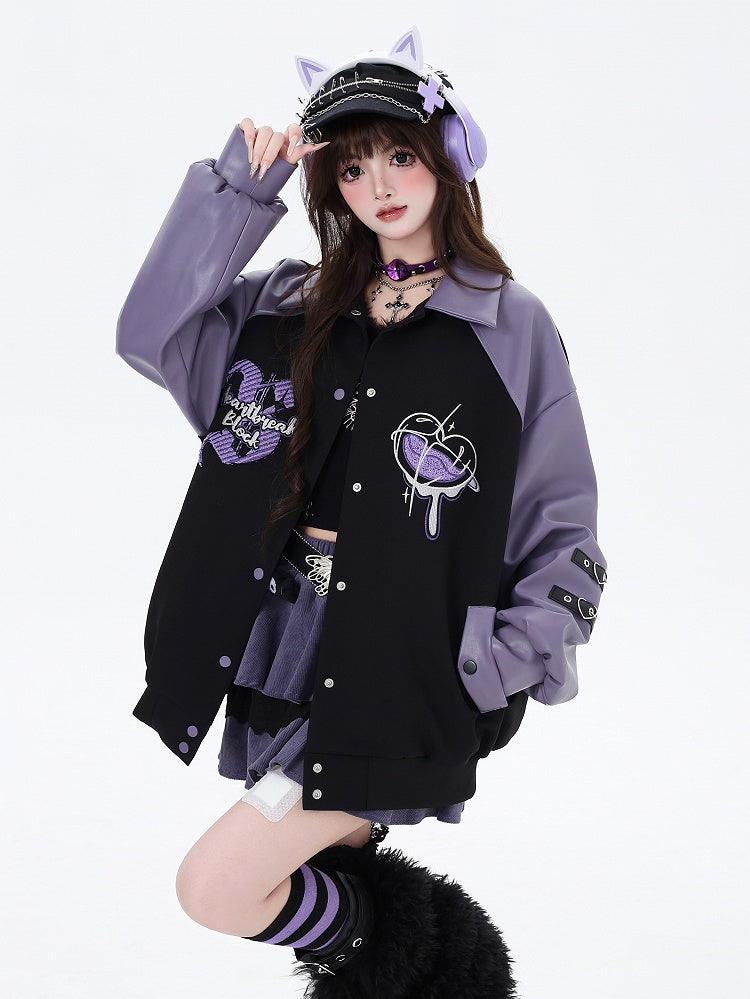 Sleeve Straps Baseball Buckle Embroidery Heart Jacket Purple with Graffiti Black PU