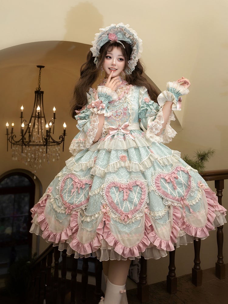 Wunderschönes Hanayome Lolita-Kleid mit Rosettenstickerei und Perlenkettendetails in Mintgrün