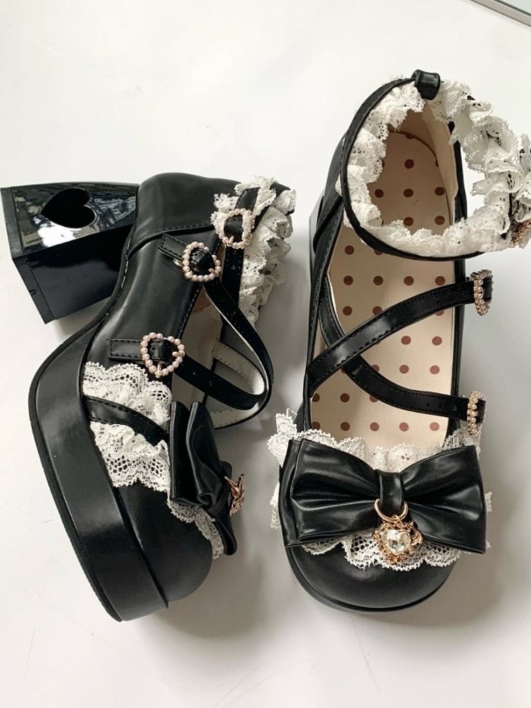 4 Colors 2cm Platform Pendant Detail Lolita Mary Jane Shoes with Bow and Lace Trim - Unmissable Berry