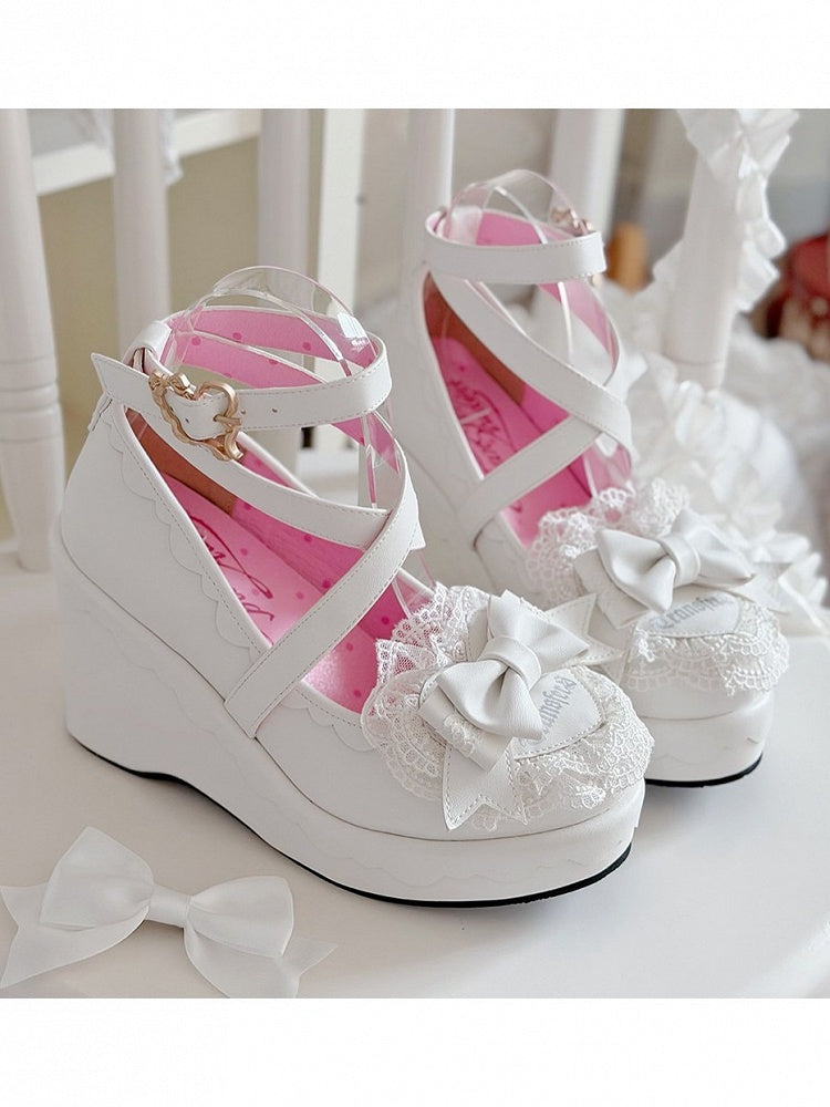 Old School Lolita Round Toe Shoes with 9CM Slope Heel, Butterfly Bow & Cross Strap in White - Transfer Student