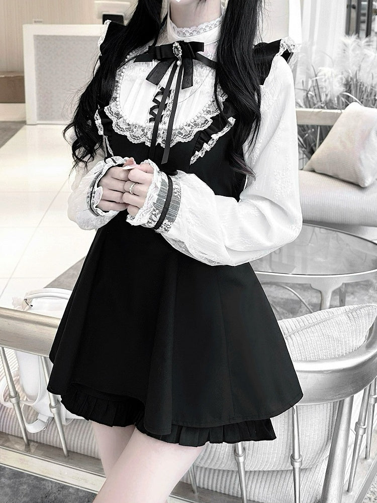 Plaid White/Gray Black Shorts Sleeves Set: with Long Illusion Neckline Top in Jirai Kei