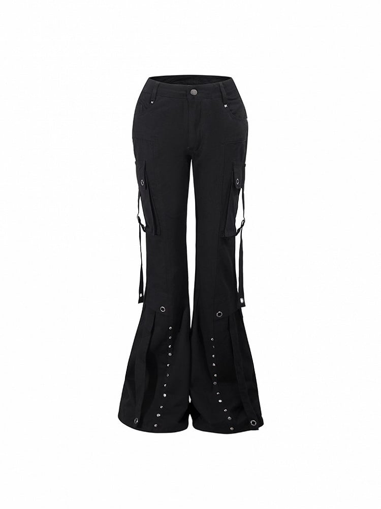 Vintage Straps on Pants Black Dangling Cargo Flap with Flared