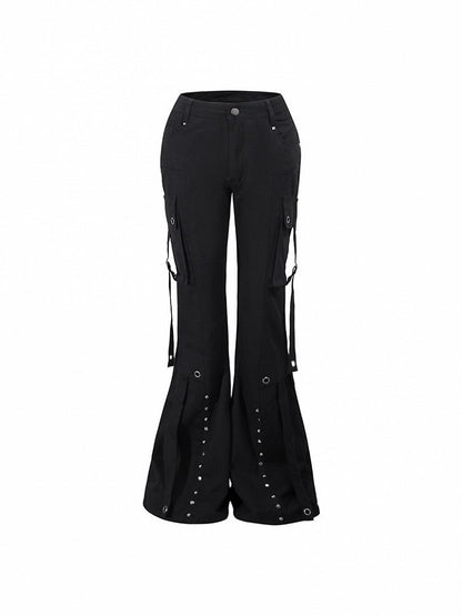 Vintage Straps on Pants Black Dangling Cargo Flap with Flared
