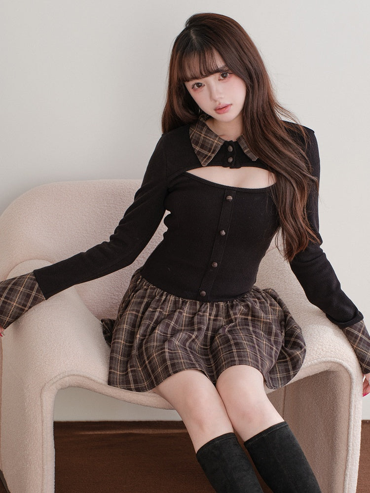 Dress Paneled Jirai Kei Knit Cutout Design Plaid Black