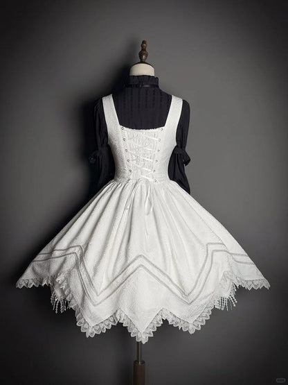 Hem Details with Dress Handkerchief White Zipper Military Jacquard Corset Lolita