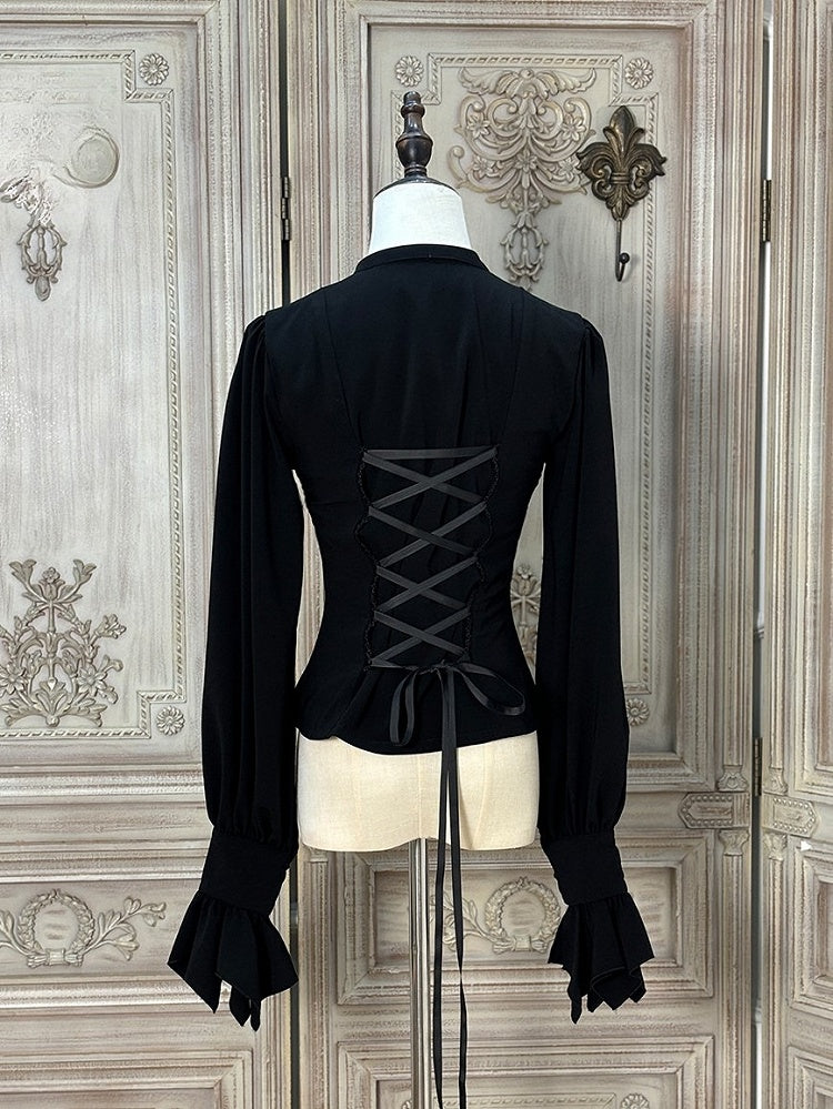 Long-sleeved with Lolita Ruffled Jabot Placket Blouse Tie and White
