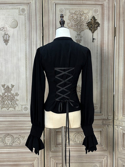 Long-sleeved with Lolita Ruffled Jabot Placket Blouse Tie and White