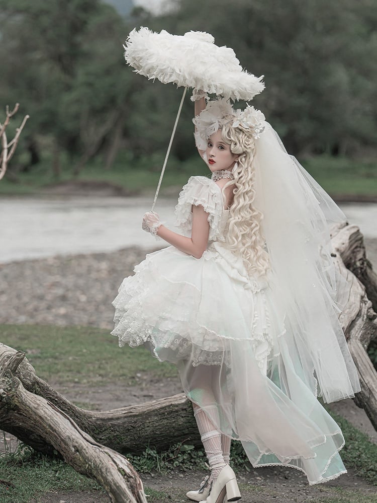 Lolita Head White Veil Floral Embellished