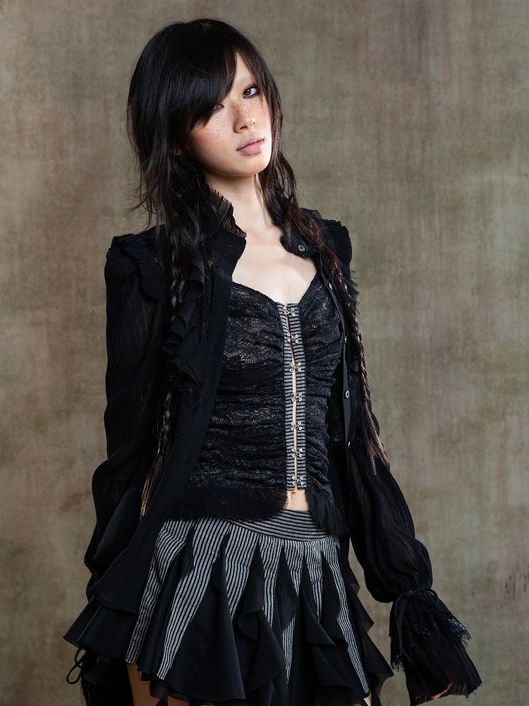 Top Black Floral Cami Gothic Frayed with Front Closure Embroidered Lace Hook-Eye Punk Straps