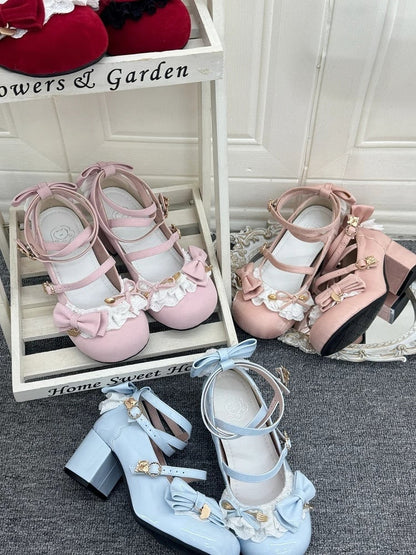 Pink Janes Bow Accents - Lolita Mary Mid-heel Sweet with Design Velvet