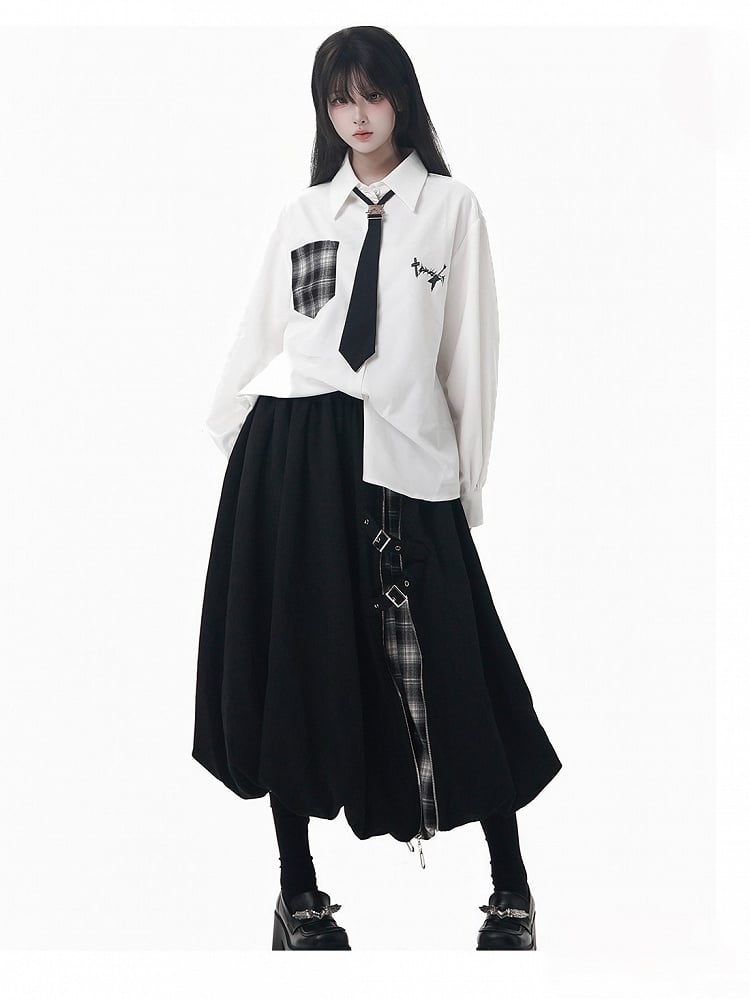 Patchwork and Tea Black Buckle with Bubble Detail Length Plaid Strap Skirt