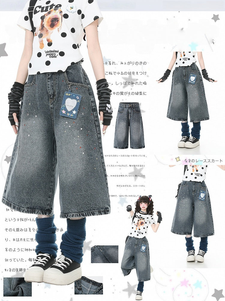 Washed Blue Cropped Wide Leg Rhinestone Jeans - Languid Park