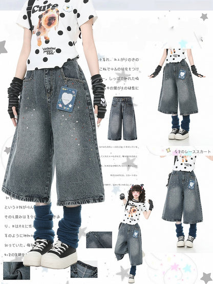 Washed Blue Cropped Wide Leg Rhinestone Jeans - Languid Park