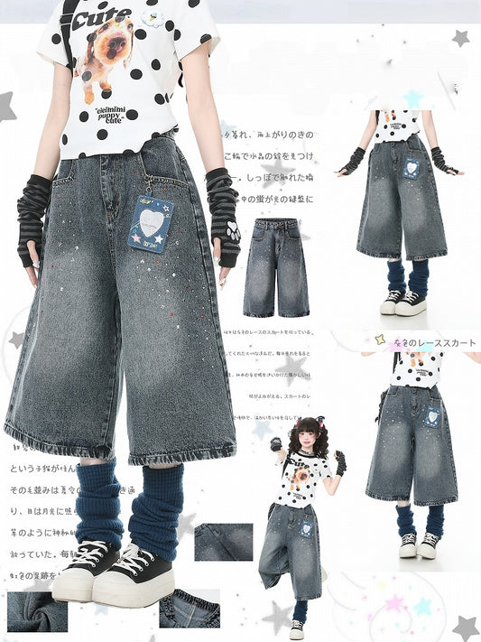 Washed Blue Cropped Wide Leg Rhinestone Jeans - Languid Park