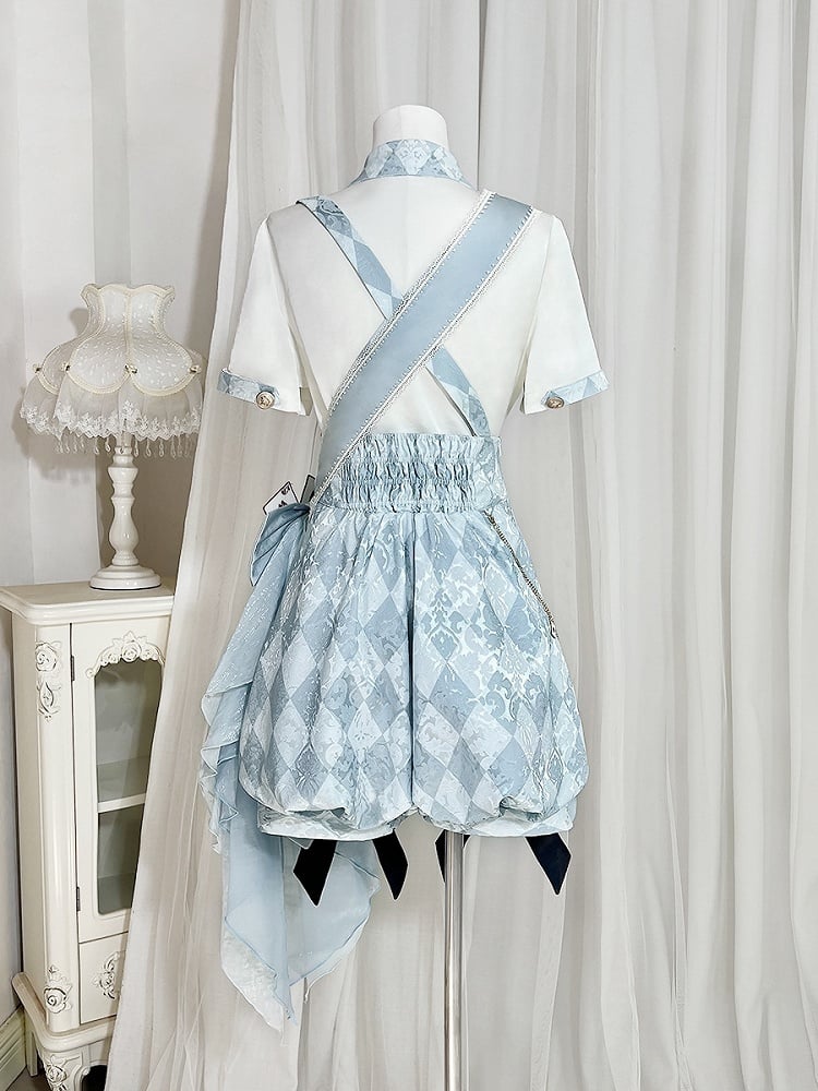 Schleife Alice Muster Wunderland Lolita in + Blau Weiß Outfit Overall - Shorts Vibes Ouji Diamond Shirt