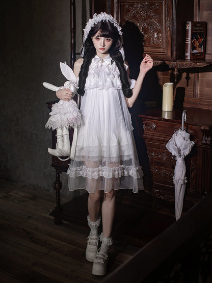 White Landmine Style Cutout Shoulder Dress with Sheer Overlay, Lace and Bow Tie - Ekomi