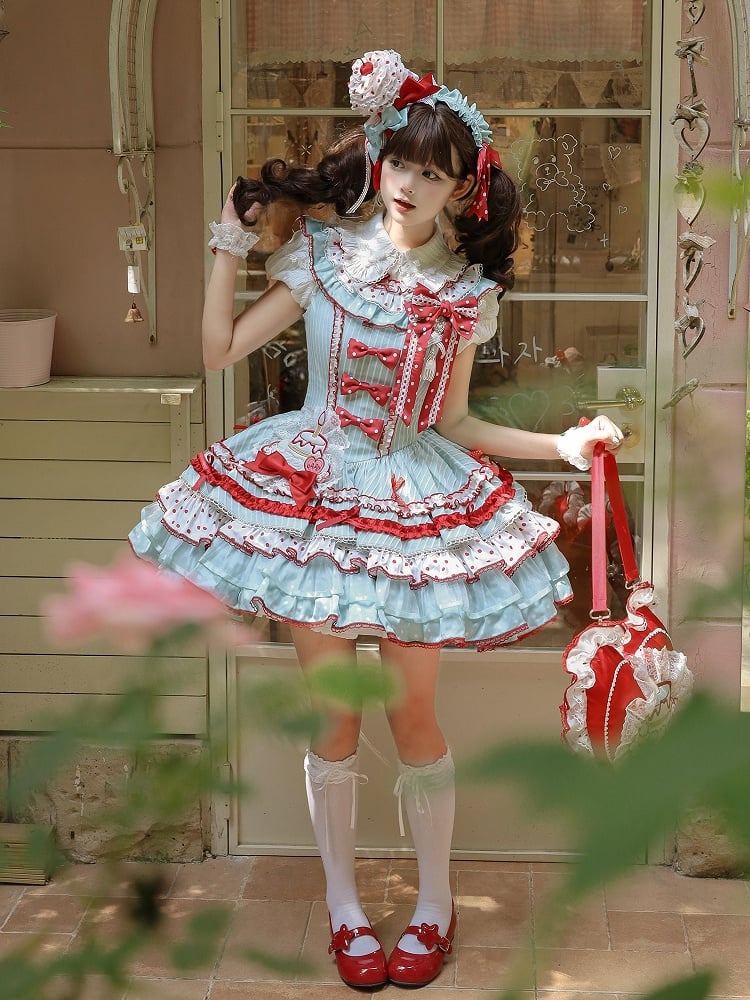 Red and Skirt Green Sweet Polka with Accents Bow Tiered Dots Stripes Dress Lolita