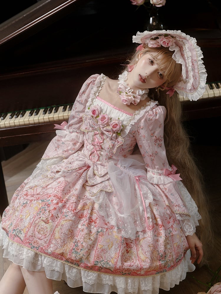 ピンク/グリーンのローズと蝶結びのチョーカー