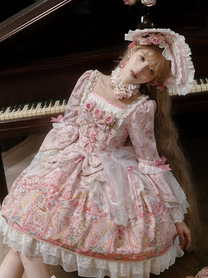 ピンク/グリーンのローズと蝶結びのチョーカー